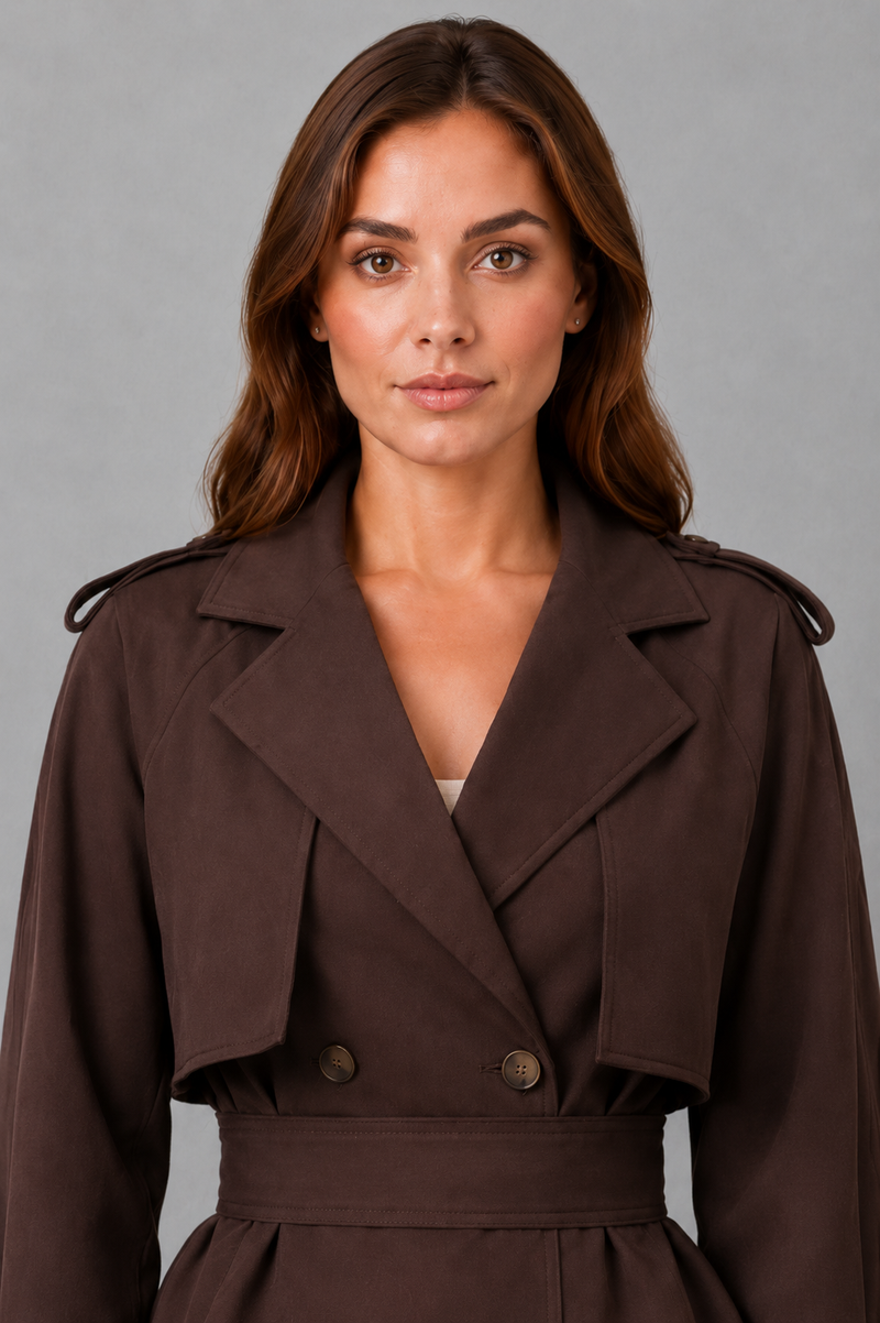 Women’s cotton short trench jacket with double-breasted button front, notch lapels, long sleeves and adjustable belted waist.