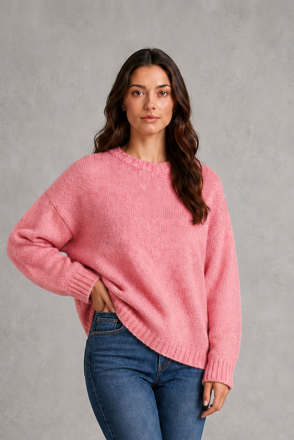 Light grey women’s crew neck knit jumper with an oversized relaxed fit, dropped shoulders and loose wide long sleeves.