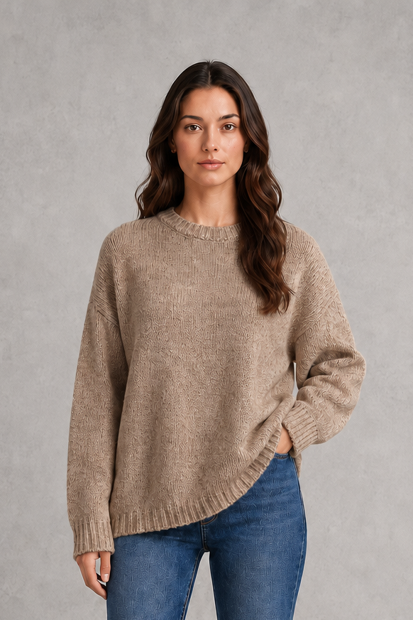 Light grey women’s crew neck knit jumper with an oversized relaxed fit, dropped shoulders and loose wide long sleeves.