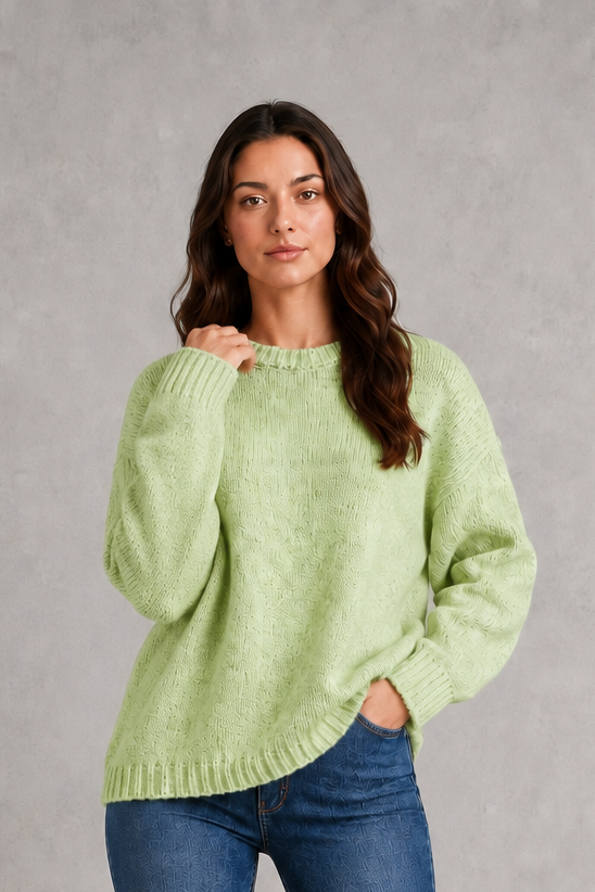 Light grey women’s crew neck knit jumper with an oversized relaxed fit, dropped shoulders and loose wide long sleeves.