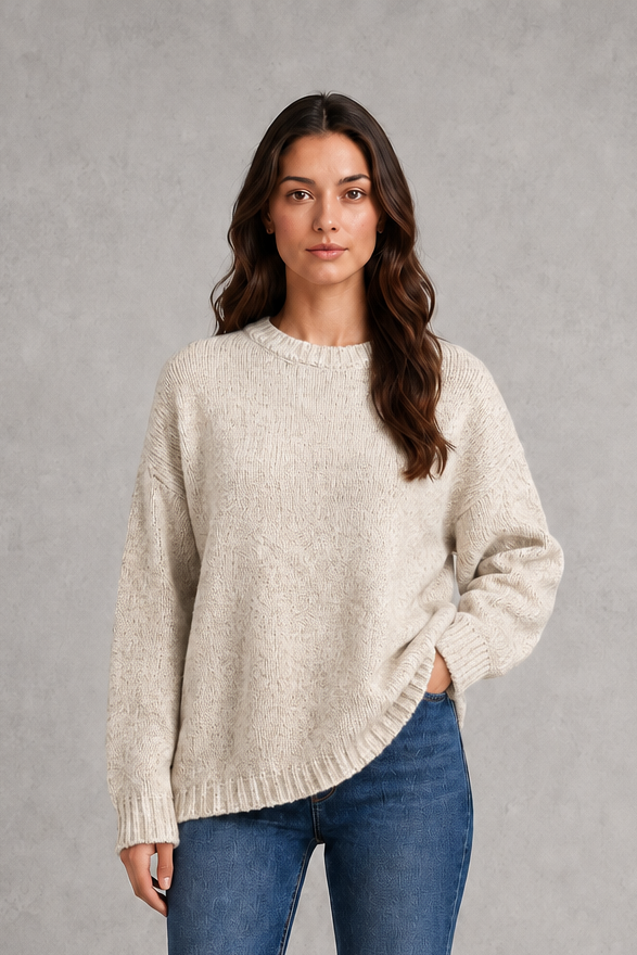 Light grey women’s crew neck knit jumper with an oversized relaxed fit, dropped shoulders and loose wide long sleeves.