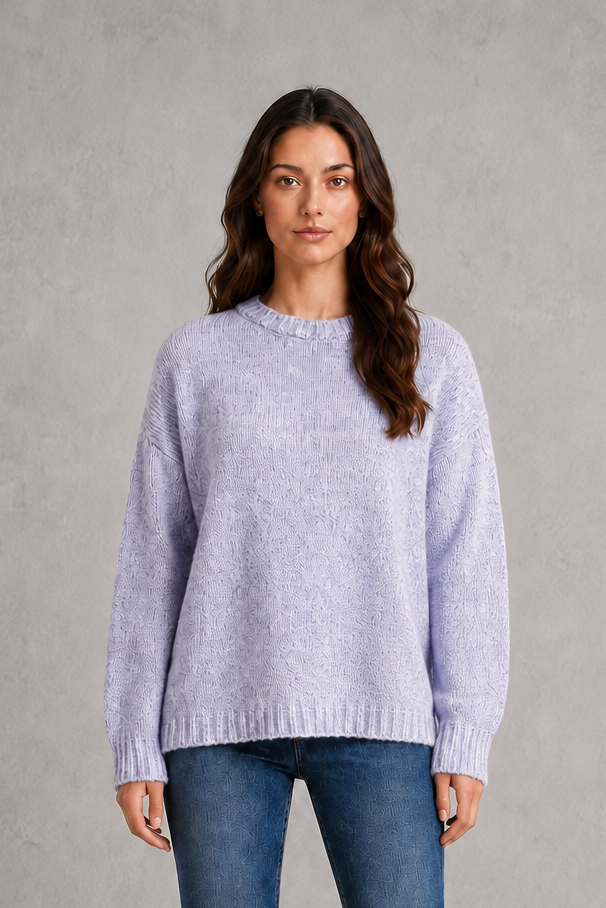 Light grey women’s crew neck knit jumper with an oversized relaxed fit, dropped shoulders and loose wide long sleeves.