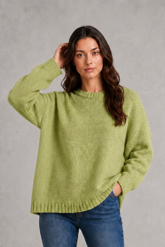 Light grey women’s crew neck knit jumper with an oversized relaxed fit, dropped shoulders and loose wide long sleeves.