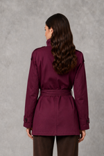 Women’s cropped belted jacket with double-breasted front and high collar