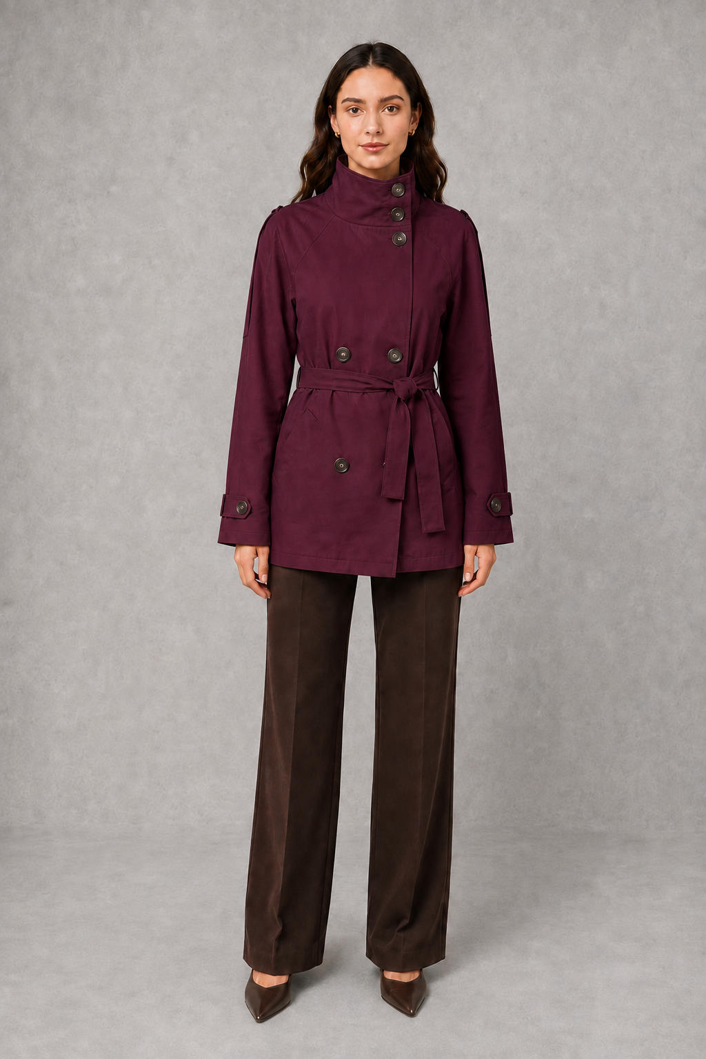 Women’s cropped belted jacket with double-breasted front and high collar