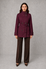 Women’s cropped belted jacket with double-breasted front and high collar