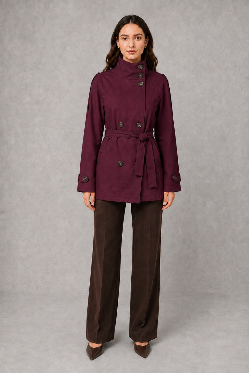 Women’s cropped belted jacket with double-breasted front and high collar