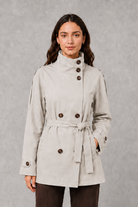 Women’s cropped belted jacket with double-breasted front and high collar