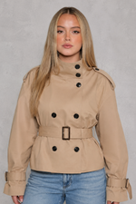Women's cropped belted trench coat in a lightweight cotton-blend fabric with a double-breasted front, classic lapel collar, adjustable waist belt and modern cropped fit, ideal for smart casual everyday wear.