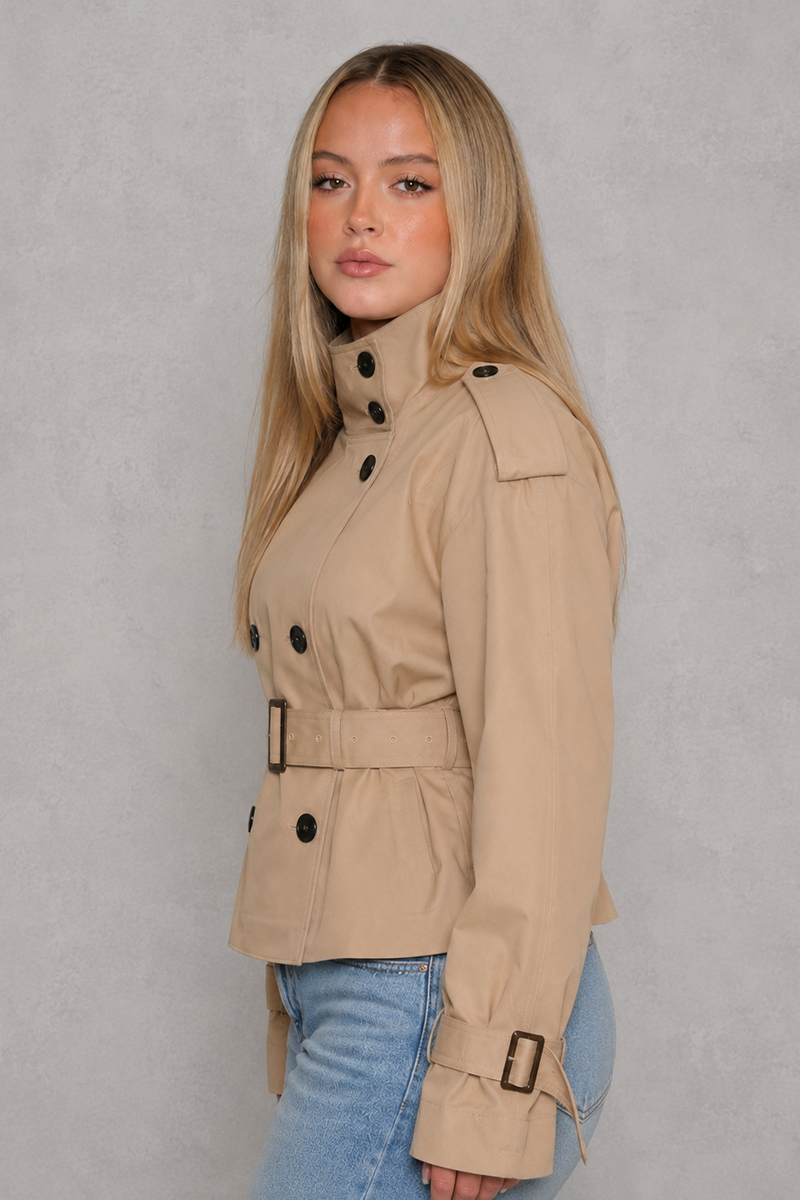 Women's cropped belted trench coat in a lightweight cotton-blend fabric with a double-breasted front, classic lapel collar, adjustable waist belt and modern cropped fit, ideal for smart casual everyday wear.