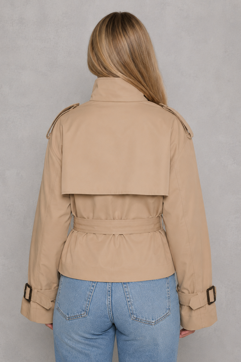 Women's cropped belted trench coat in a lightweight cotton-blend fabric with a double-breasted front, classic lapel collar, adjustable waist belt and modern cropped fit, ideal for smart casual everyday wear.