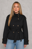 Women's cropped belted trench coat in a lightweight cotton-blend fabric with a double-breasted front, classic lapel collar, adjustable waist belt and modern cropped fit, ideal for smart casual everyday wear.