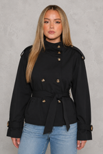 Women's cropped belted trench coat in a lightweight cotton-blend fabric with a double-breasted front, classic lapel collar, adjustable waist belt and modern cropped fit, ideal for smart casual everyday wear.