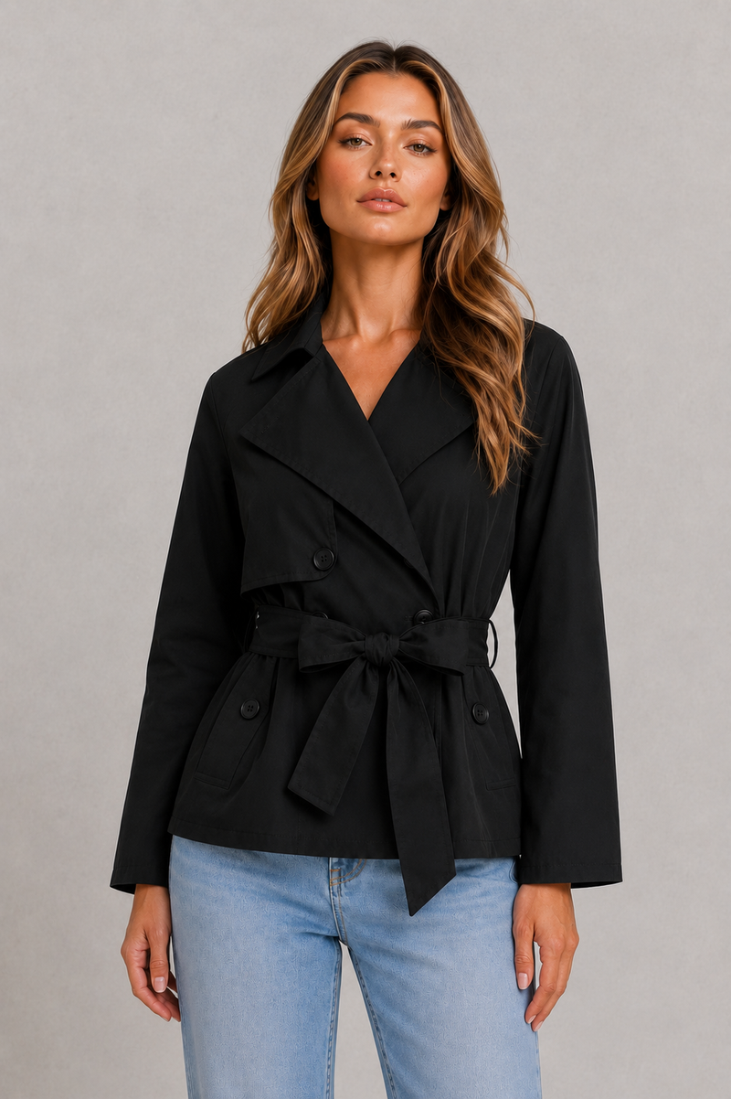 A woman modeling a black belted wrap jacket with a collar and front buttons, paired with light blue jeans, against a neutral gray studio background.