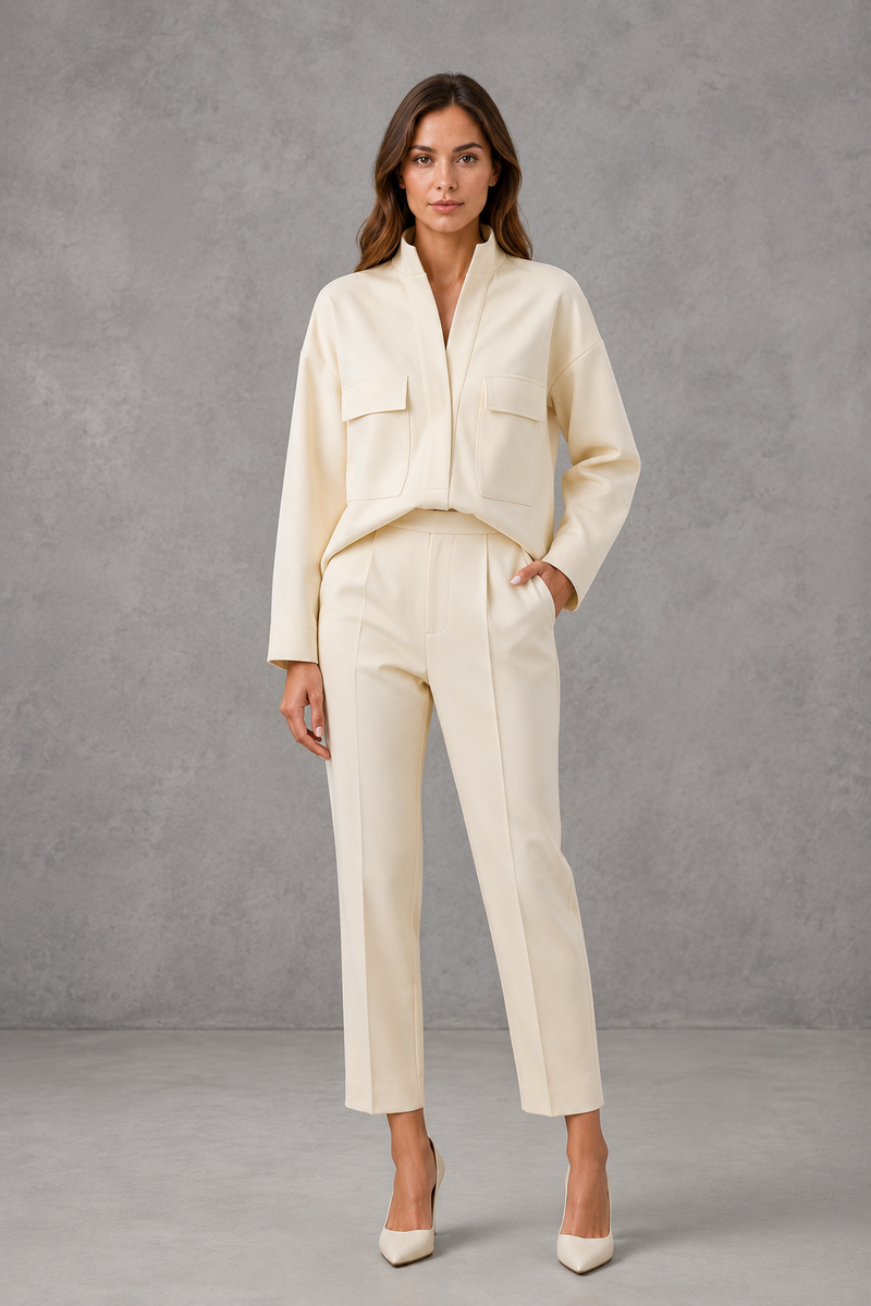 Women’s cropped V-neck jacket and high-waisted cigarette trouser two-piece set with chest patch pockets and a smart casual tailored silhouette.