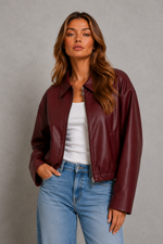 Women’s Cropped Leather Jacket with Zip Front for Casual & Everyday Wear