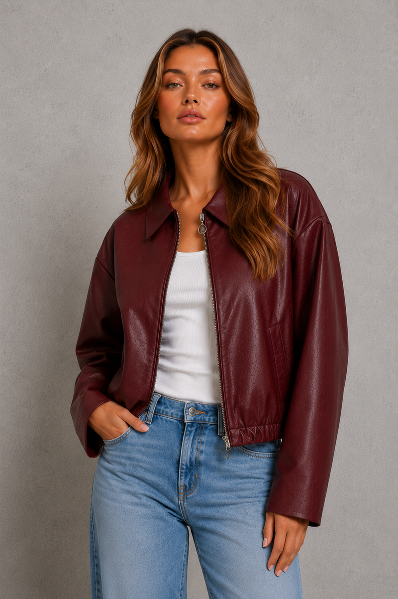Women’s Cropped Leather Jacket with Zip Front for Casual & Everyday Wear