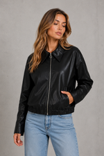 Women’s Cropped Leather Jacket with Zip Front for Casual & Everyday Wear