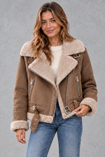 Women's cropped shearling-lined aviator jacket in Light Brown – front view