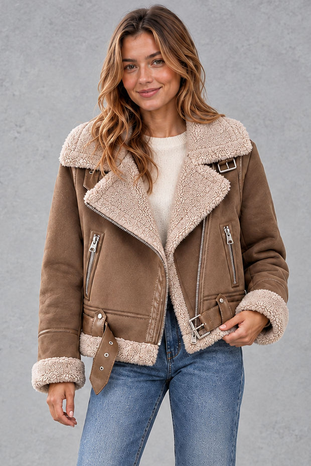 Women's cropped shearling-lined aviator jacket in Light Brown – front view