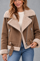 Women's cropped shearling-lined aviator jacket in Light Brown – close-up