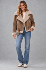 Women's cropped shearling-lined aviator jacket in Light Brown – full-length view