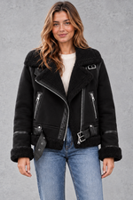 Women's cropped shearling-lined aviator jacket in Black – front view