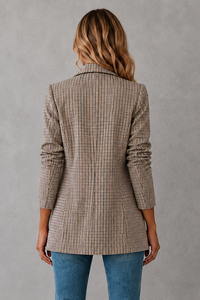 Women's double-breasted plaid blazer with a tailored fit, lapel collar, long sleeves and classic check pattern for work and smart casual occasions.