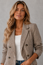 Women's double-breasted plaid blazer with a tailored fit, lapel collar, long sleeves and classic check pattern for work and smart casual occasions.