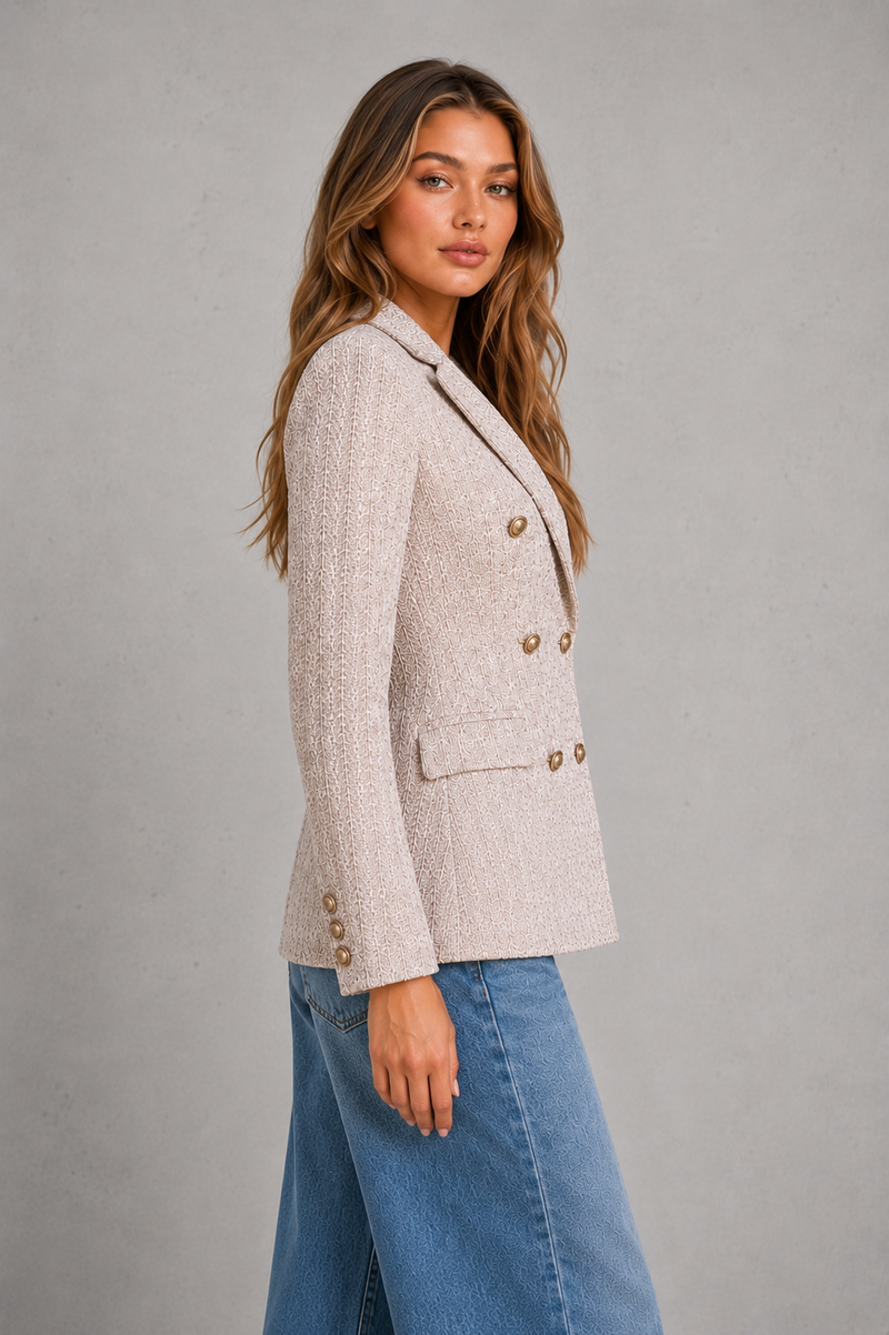 Women’s Double-Breasted Tweed Blazer with Gold Buttons