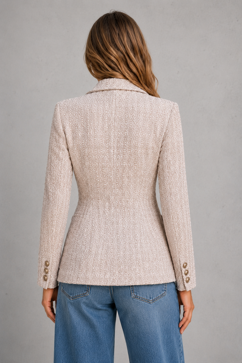 Women’s Double-Breasted Tweed Blazer with Gold Buttons