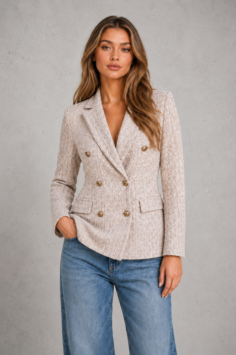 Women’s Double-Breasted Tweed Blazer with Gold Buttons