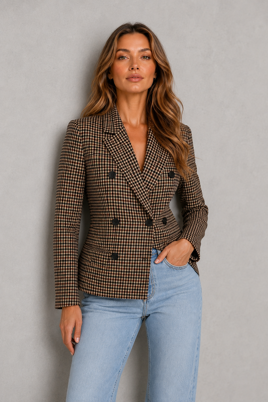 A woman modeling a brown and beige houndstooth double-breasted blazer with light blue jeans, standing against a textured gray wall.