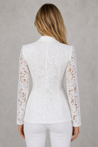 Women's elegant lace blazer with a tailored fit, structured lapel collar and intricate all-over lace design, ideal for weddings, race days, parties and smart formal occasions.