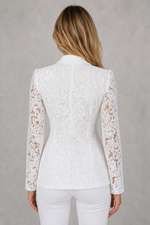 Women's elegant lace blazer with a tailored fit, structured lapel collar and intricate all-over lace design, ideal for weddings, race days, parties and smart formal occasions.