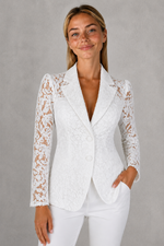 Women's elegant lace blazer with a tailored fit, structured lapel collar and intricate all-over lace design, ideal for weddings, race days, parties and smart formal occasions.
