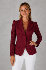 Women's elegant lace blazer with a tailored fit, structured lapel collar and intricate all-over lace design, ideal for weddings, race days, parties and smart formal occasions.