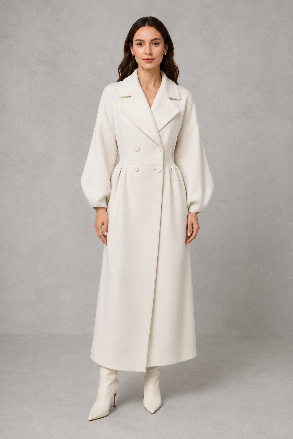Women’s elegant long double-breasted tailored coat for autumn and winter.