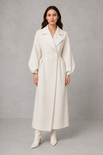 Women’s elegant long double-breasted tailored coat for autumn and winter.