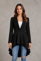 Women’s elegant longline flared blazer with a tailored fit, classic lapel collar and flattering flared hem, ideal for work, business meetings, weddings and evening occasions.