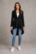 Women’s elegant longline flared blazer with a tailored fit, classic lapel collar and flattering flared hem, ideal for work, business meetings, weddings and evening occasions.