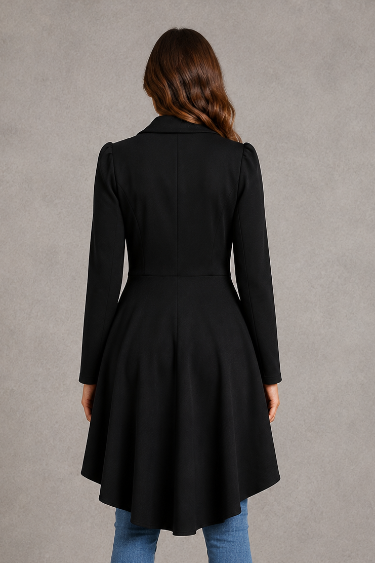 Women’s elegant longline flared blazer with a tailored fit, classic lapel collar and flattering flared hem, ideal for work, business meetings, weddings and evening occasions.