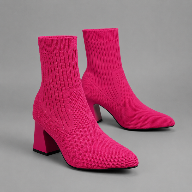 Women's elegant mid-calf slip-on boots with a soft fabric upper, supportive 7.2 cm chunky heel, bohemian-inspired design and durable rubber sole for stylish everyday wear.