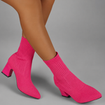 Women's elegant mid-calf slip-on boots with a soft fabric upper, supportive 7.2 cm chunky heel, bohemian-inspired design and durable rubber sole for stylish everyday wear.