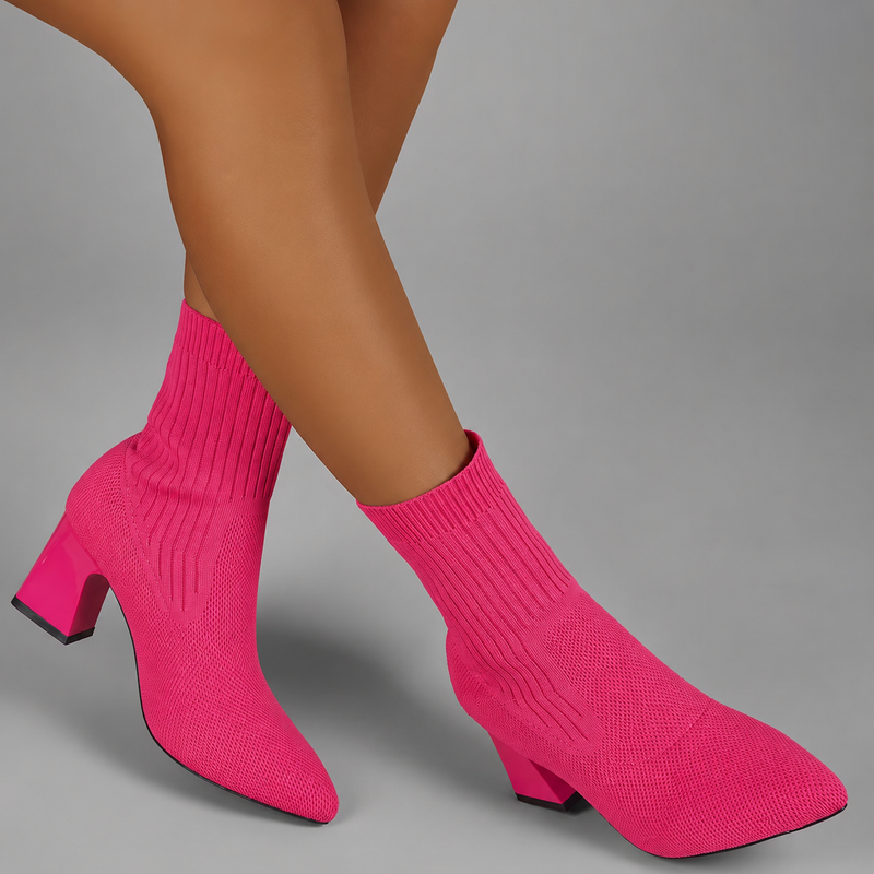 Women's elegant mid-calf slip-on boots with a soft fabric upper, supportive 7.2 cm chunky heel, bohemian-inspired design and durable rubber sole for stylish everyday wear.