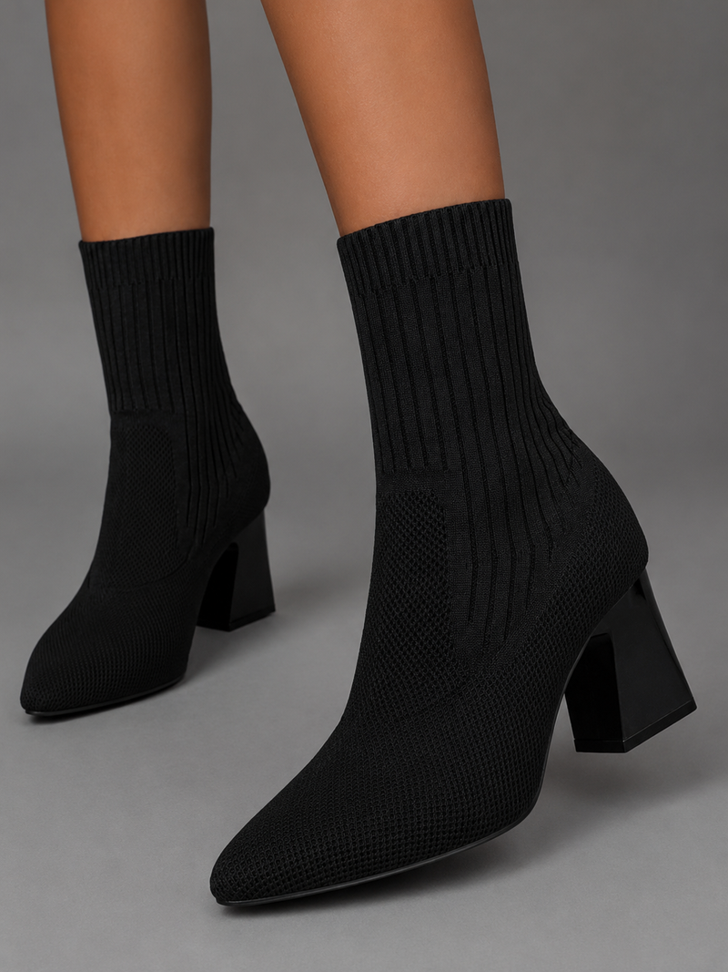 Women's elegant mid-calf slip-on boots with a soft fabric upper, supportive 7.2 cm chunky heel, bohemian-inspired design and durable rubber sole for stylish everyday wear.