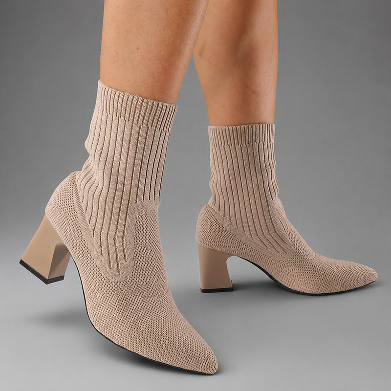 Women's elegant mid-calf slip-on boots with a soft fabric upper, supportive 7.2 cm chunky heel, bohemian-inspired design and durable rubber sole for stylish everyday wear.