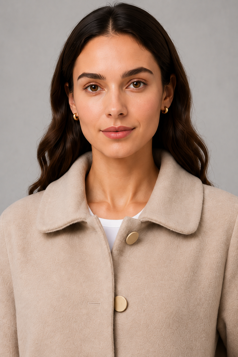 Women’s elegant oversized mid-length coat with spacious pockets and refined cuff detailing, designed for stylish autumn and winter layering.