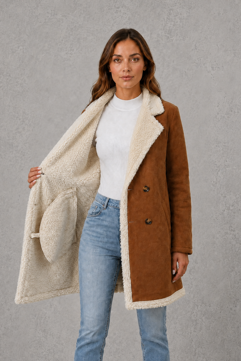 Women’s elegant double-breasted winter coat with a suede-look exterior and cosy shearling-style lining.
