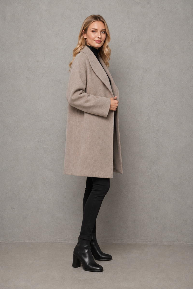 Women's elegant windproof longline coat in a relaxed fit, crafted from a soft warm fabric for autumn and winter. A timeless overcoat designed for comfortable layering, everyday wear, commuting and smart casual occasions.